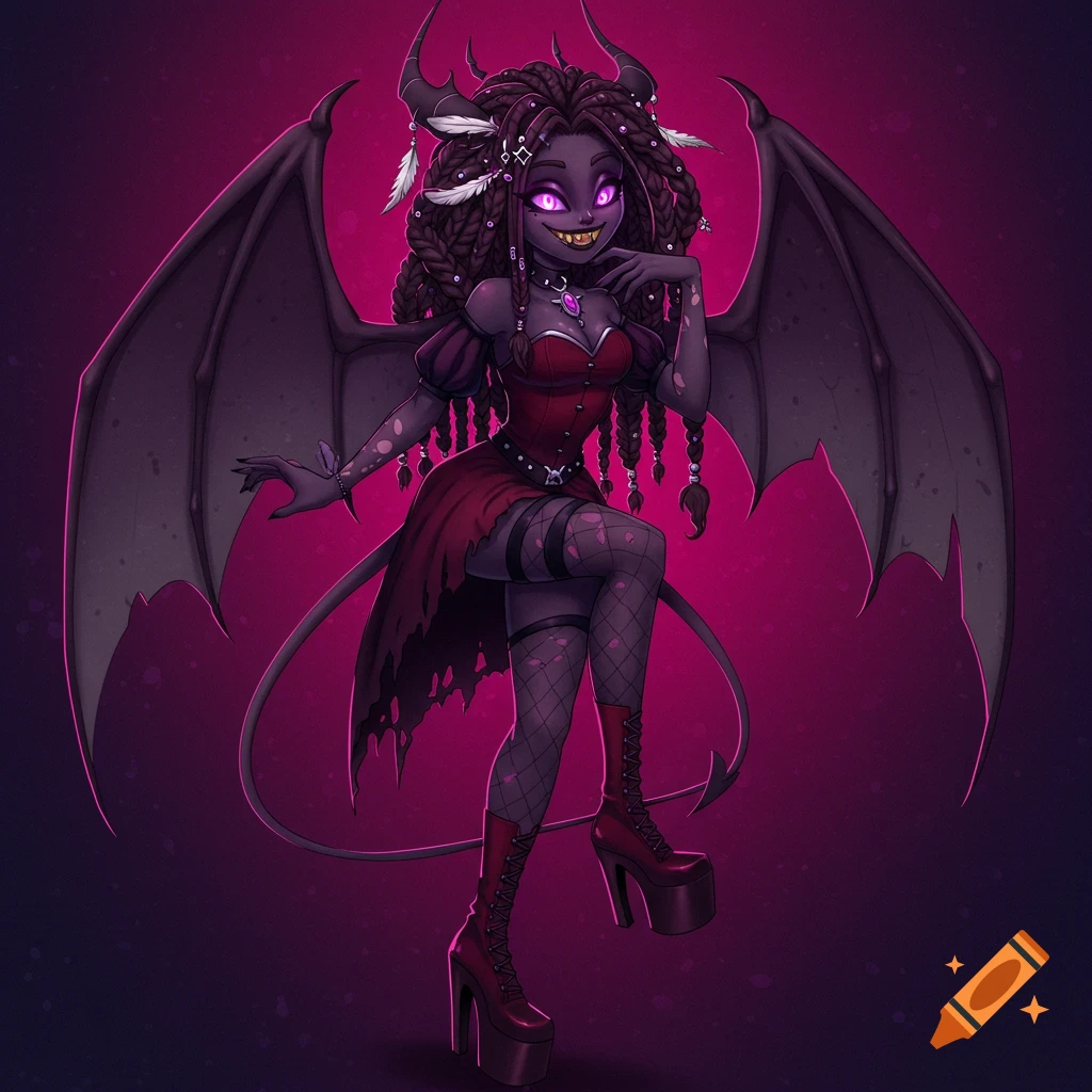 A dark-skinned demon woman with bat wings, horns, dreadlocks, purple eyes, red dress, and platform boots.