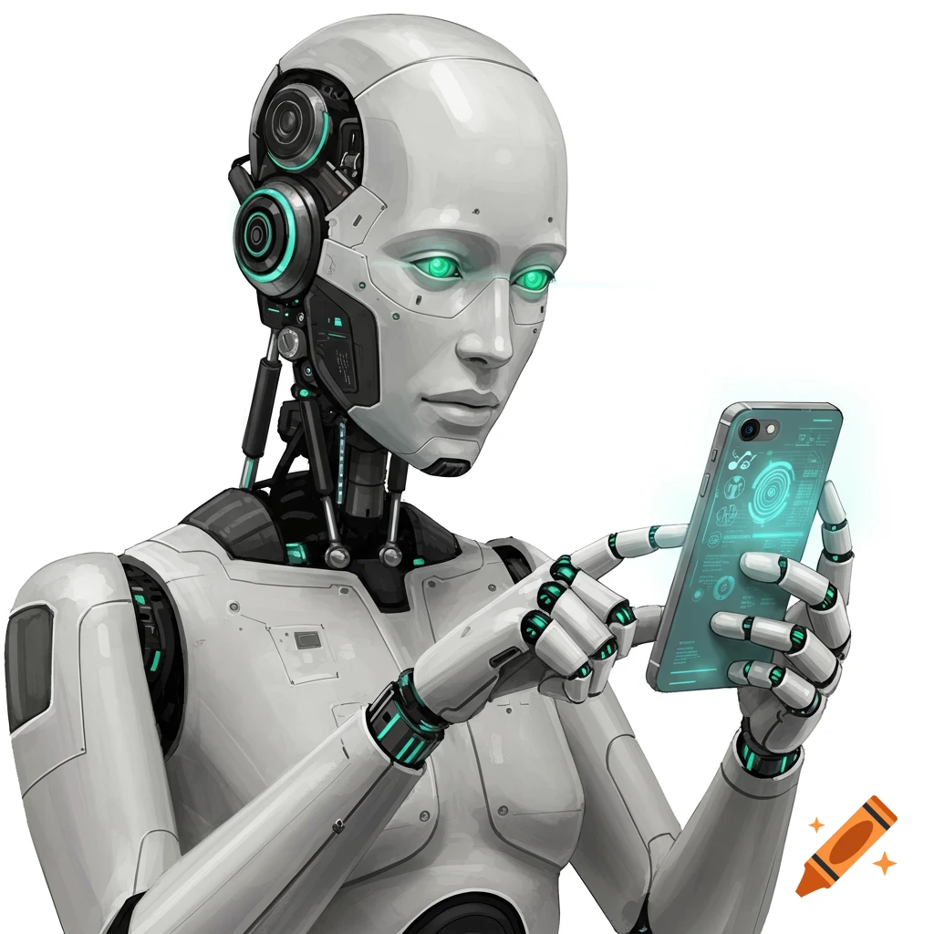 A robot with glowing green eyes looking at a phone.