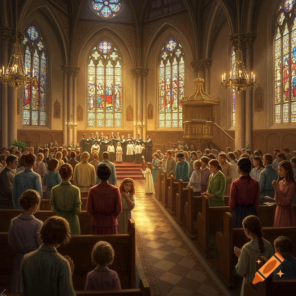 A large congregation in a grand church during an event.