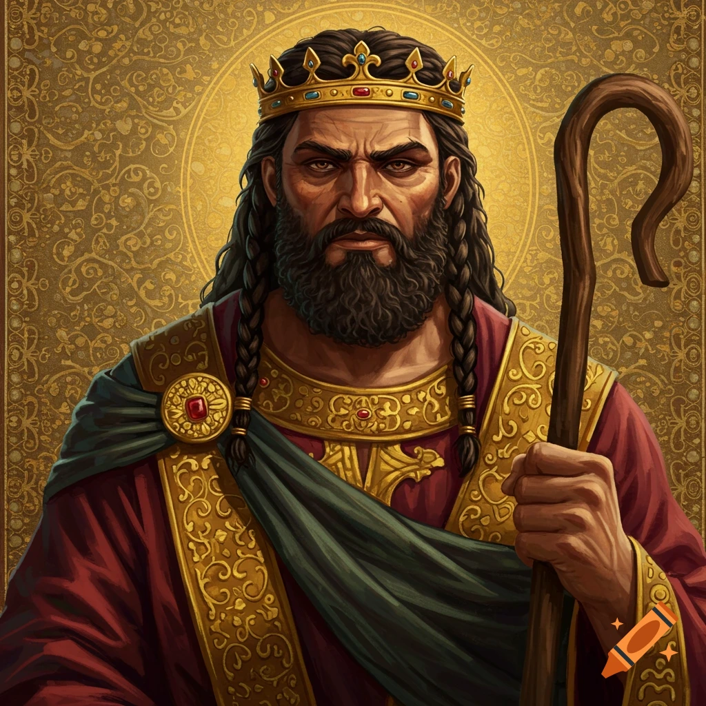 A man with a beard wears a gold crown and royal robe, holding a staff, against a gold patterned background.