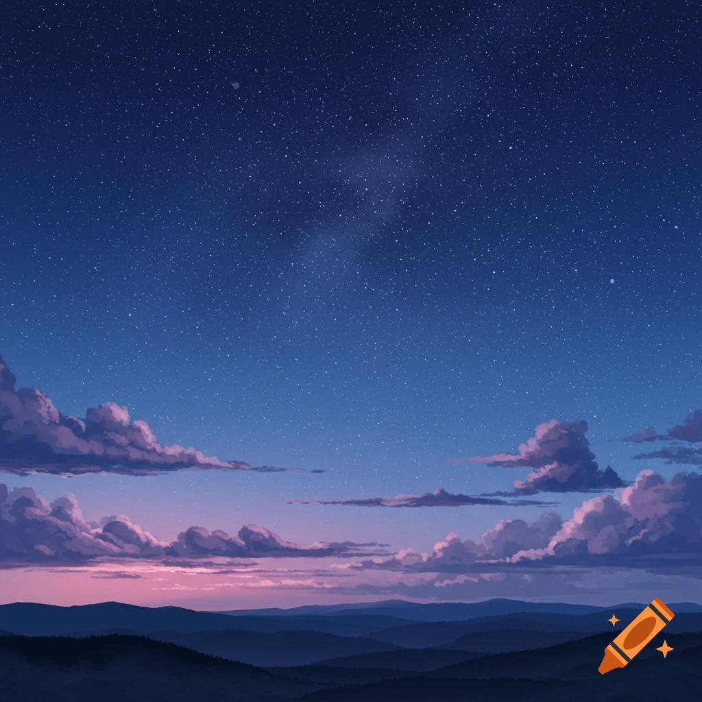 A starry night sky over mountains with clouds at dusk.