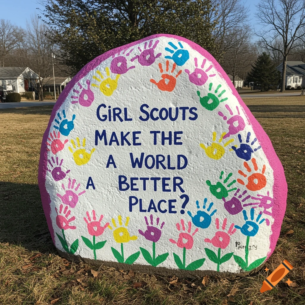 A large rock painted white with a pink border and colorful handprints forming flowers, inscribed with 'Girl Scouts Make The A World A Better Place?'.