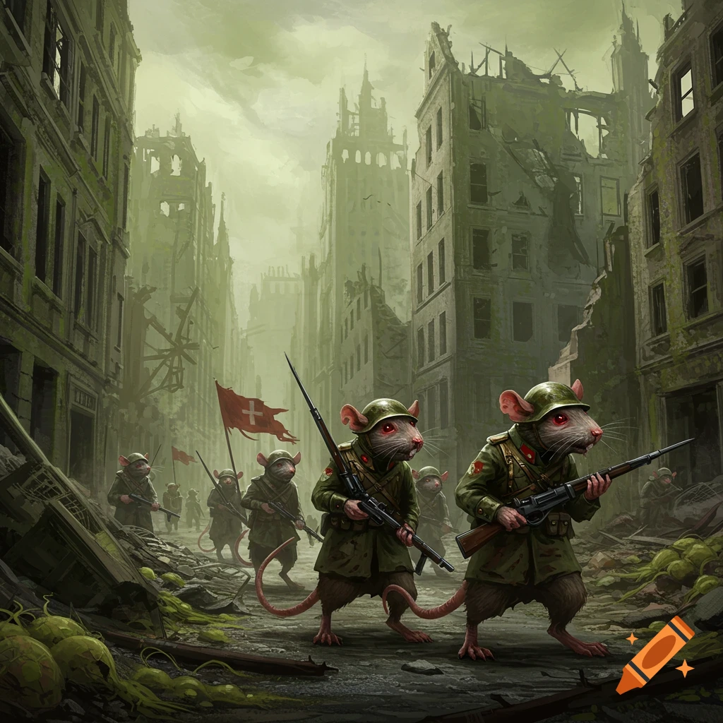 Rat soldiers with rifles walk through a ruined, gloomy city.