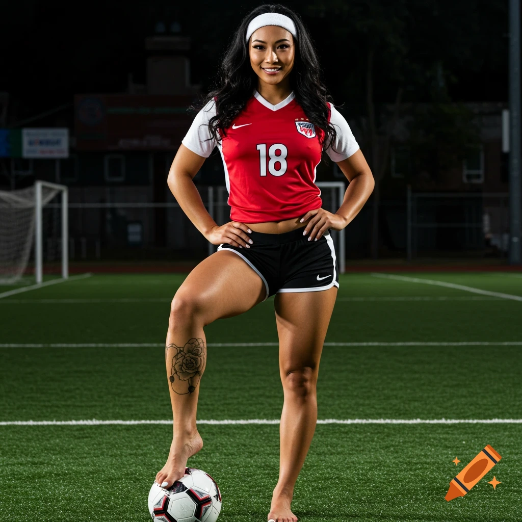 A woman in a red and white soccer jersey and black shorts poses on a soccer field with her foot on a ball.