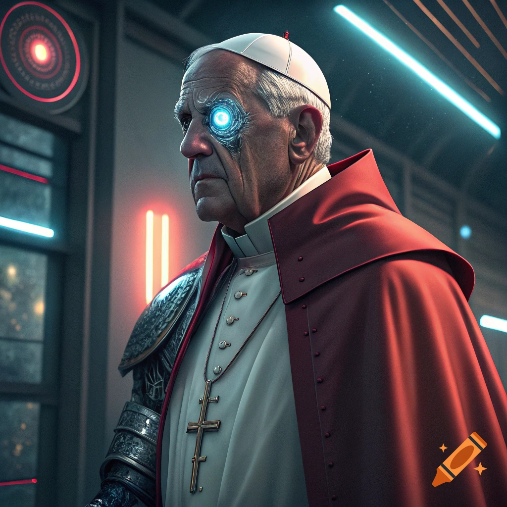 A cyborg Pope figure with a glowing laser eye and armor, wearing traditional red and white robes and a cross, in a futuristic setting.