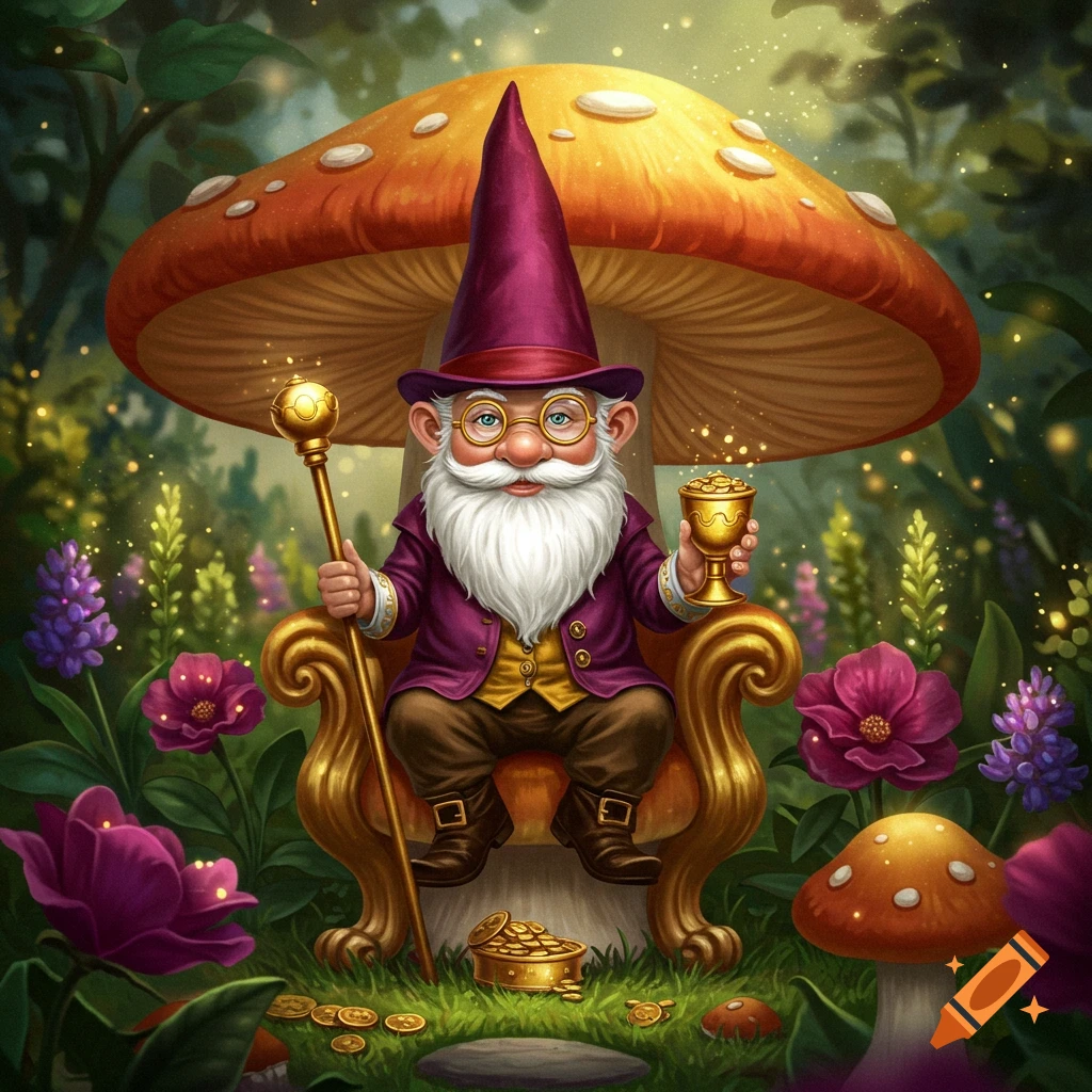 A rich gnome sits on a mushroom throne in a forest, holding a staff and goblet of gold.