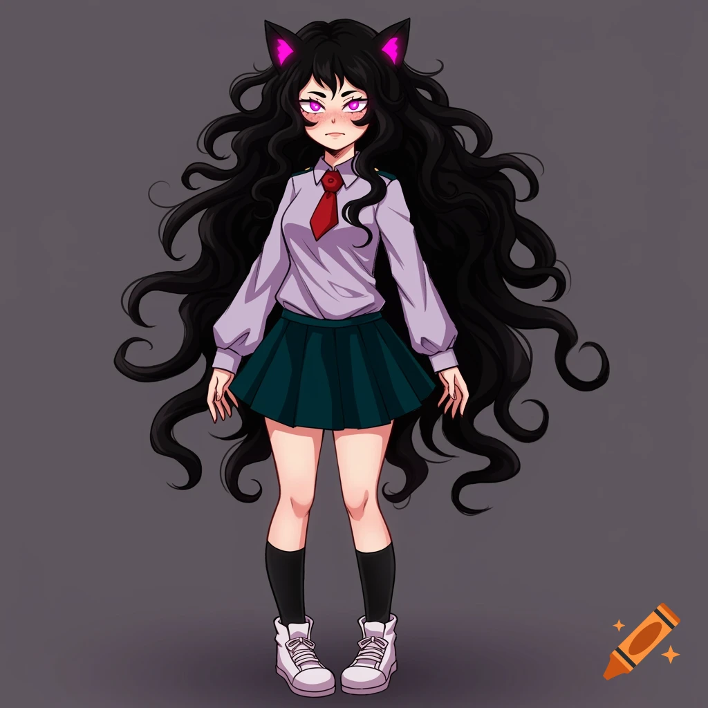 Anime girl with long black hair, glowing pink eyes, cat ears, and a school uniform.