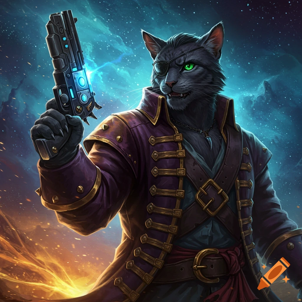A feline space pirate in a purple coat and eye patch holds a futuristic gun against a starry background.