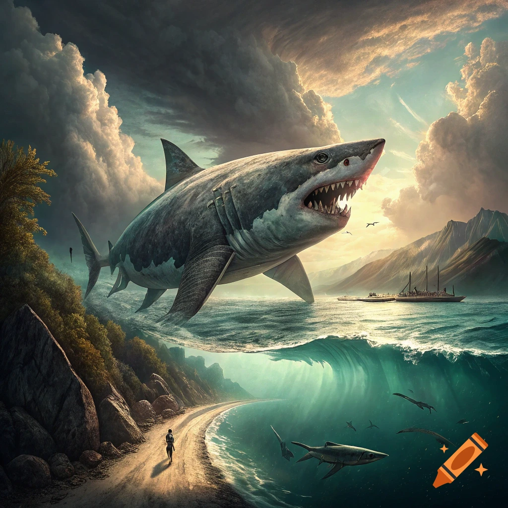 Giant shark leaps from parted sea as a person walks on shore.