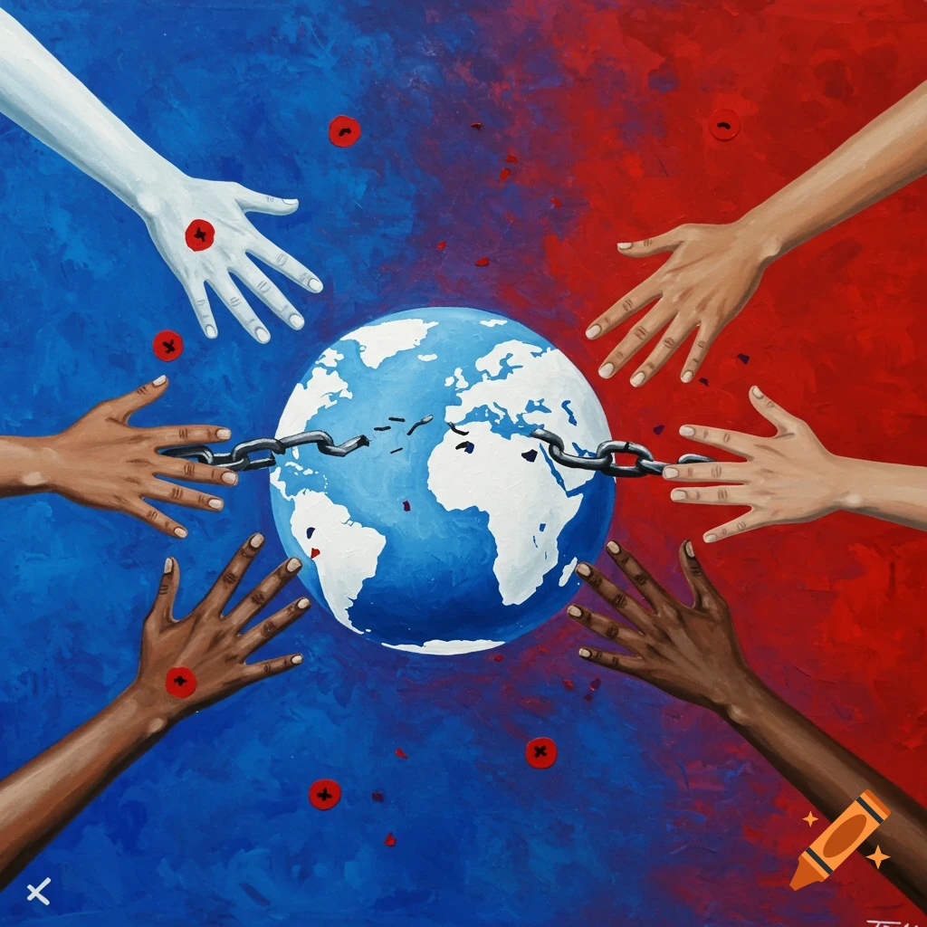 Diverse hands reaching for a globe wrapped in a broken chain against a blue and red painted background.