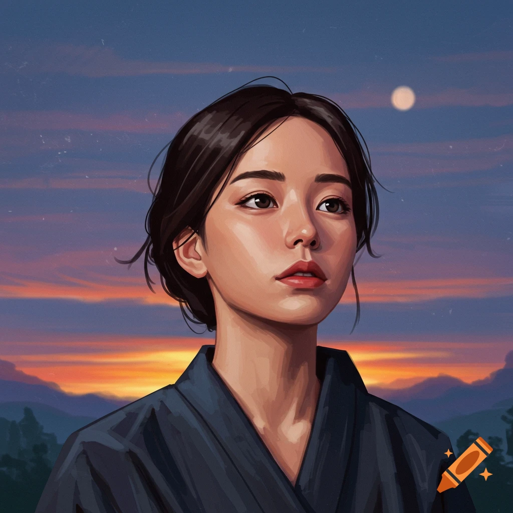A woman is looking towards the sky at sunset, with mountains in the background.