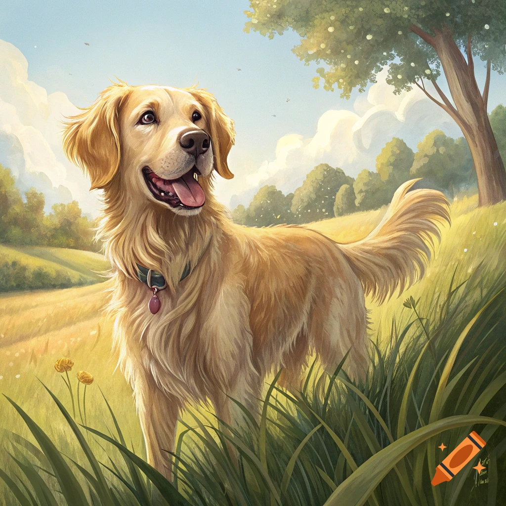 A golden retriever stands in tall grass in a sunny field, looking happy. Painterly style.