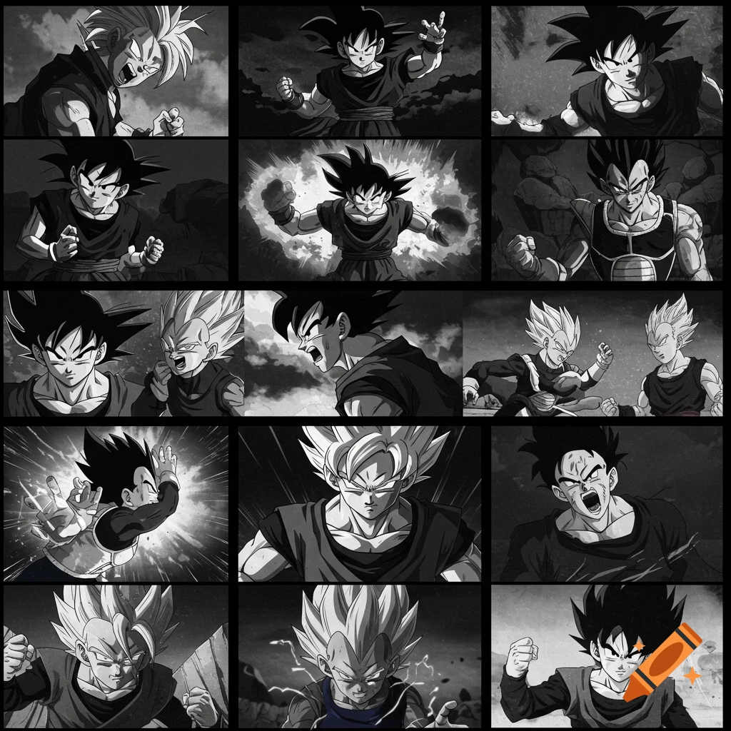 Black and white grid of Dragon Ball Z characters in various action poses.