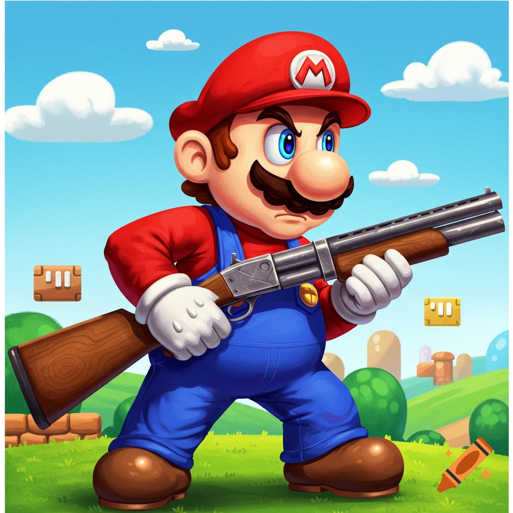 Mario holding a shotgun in a bright, stylized landscape.