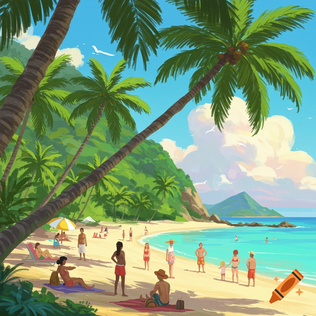 People enjoying a tropical beach with palm trees and turquoise water.