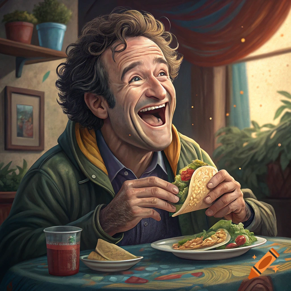 Man resembling Robin Williams happily eating a taco