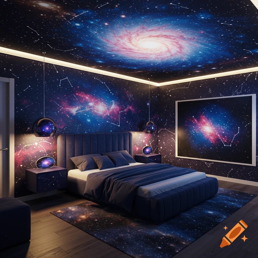 A bedroom decorated with galaxy-themed walls, ceiling, and rug, featuring a large bed and modern furniture.