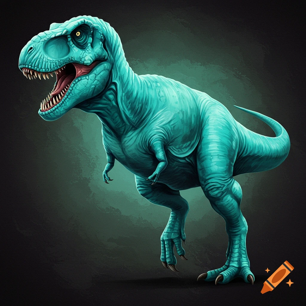 A cyan T-Rex roaring.