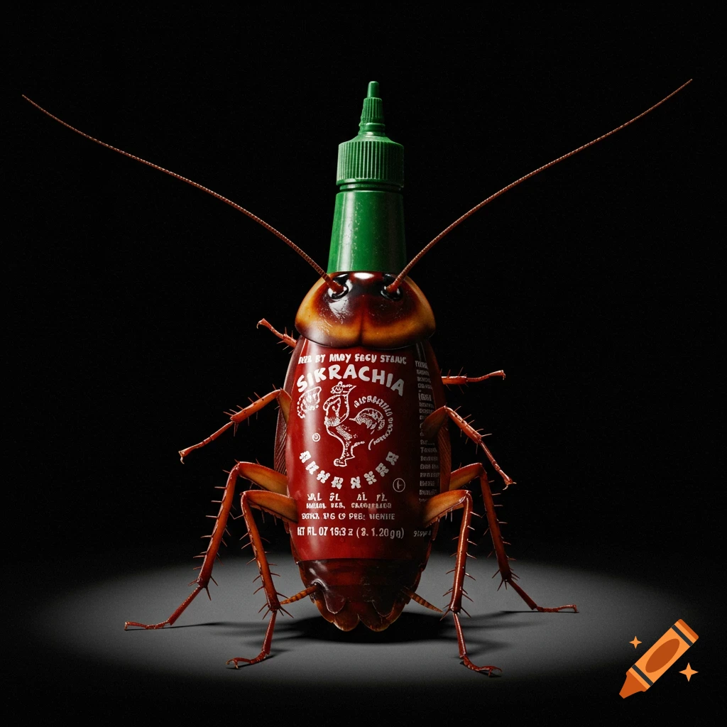 Photorealistic image of a cockroach with a Sriracha bottle torso