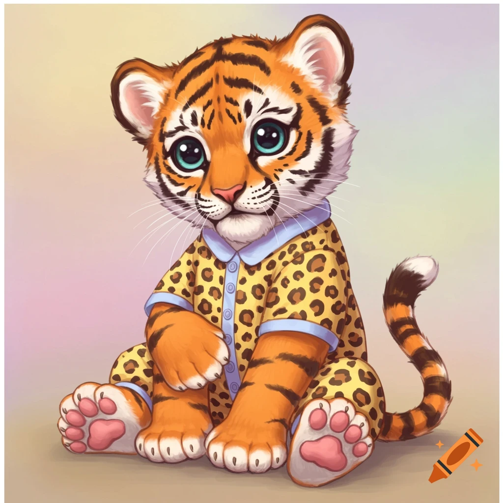 A cute baby tiger wearing cheetah-print pajamas.