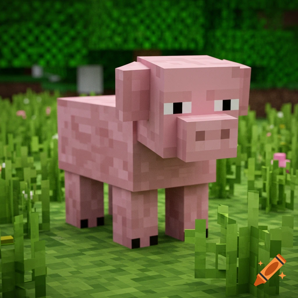 A pink Minecraft pig stands in a grassy field.