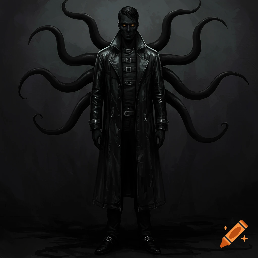 Dark fantasy of a figure in a black coat with glowing eyes and tendrils.