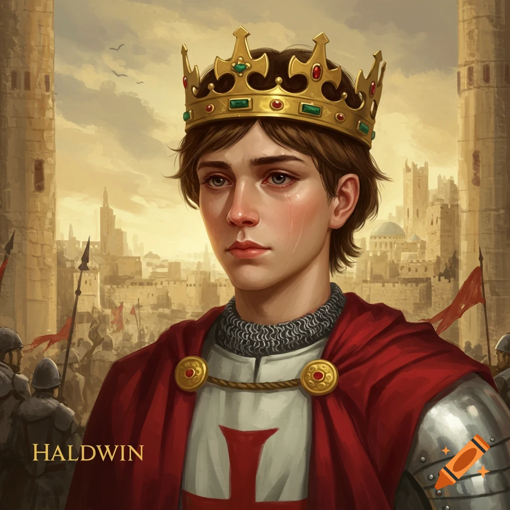 A young king in a crown and armor, with tears on his face, stands before a medieval city and soldiers.