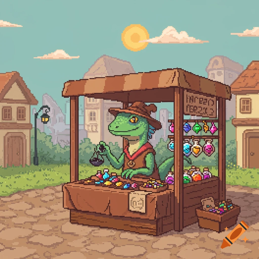 A pixel art green lizard merchant in a hat sells colorful potions at a stall in a town square.