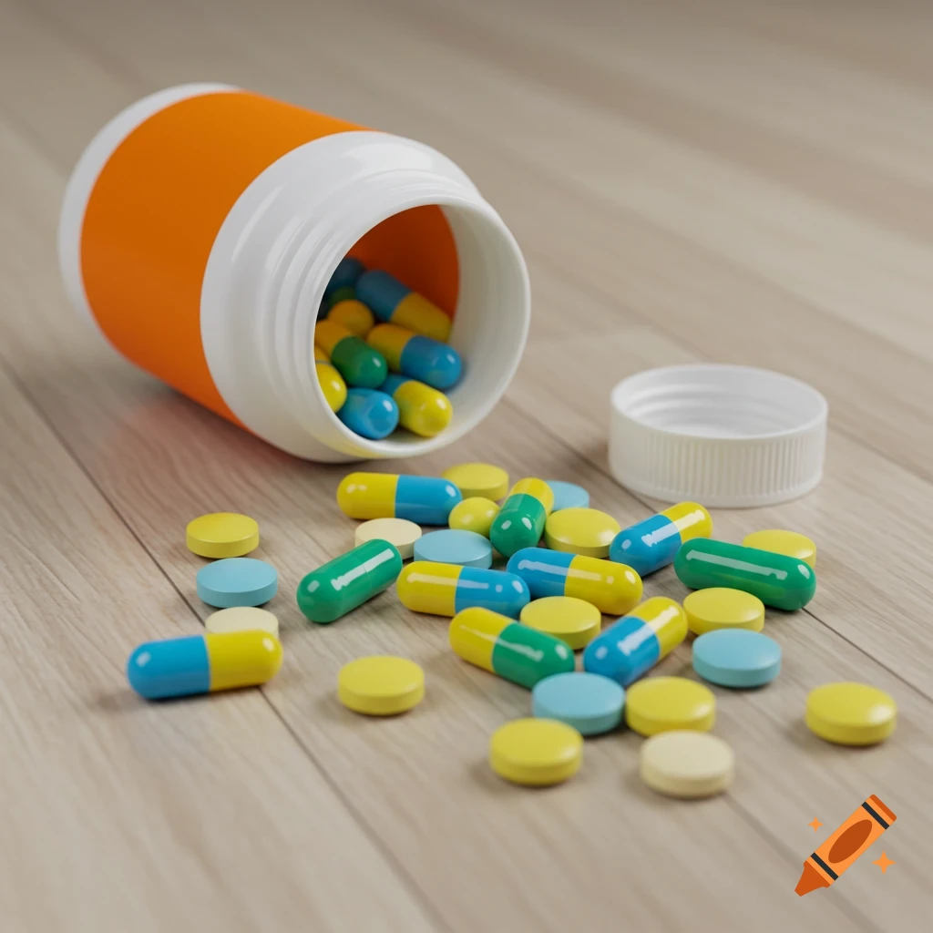 A spilled orange and white pill bottle with pills scattered on a wooden surface