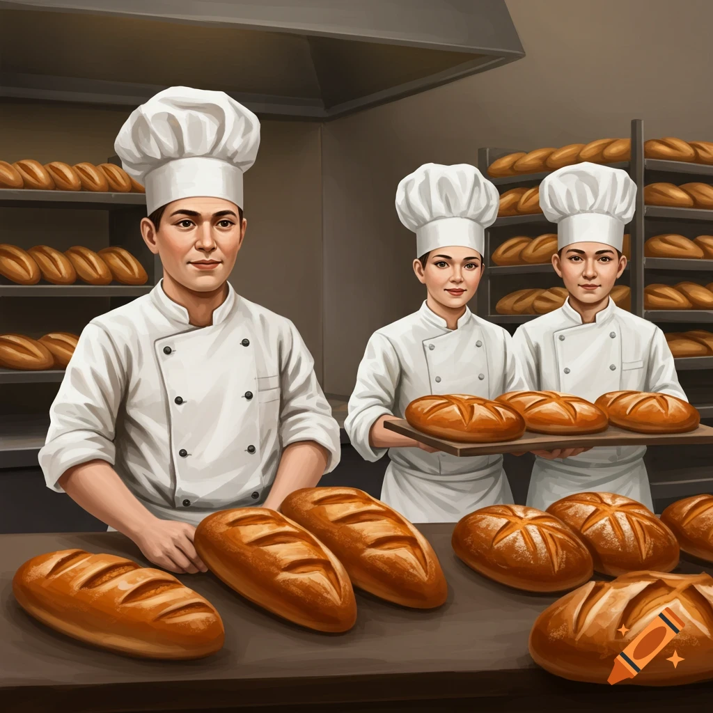 Bakers in a bakery with loaves of bread on a table and shelves.