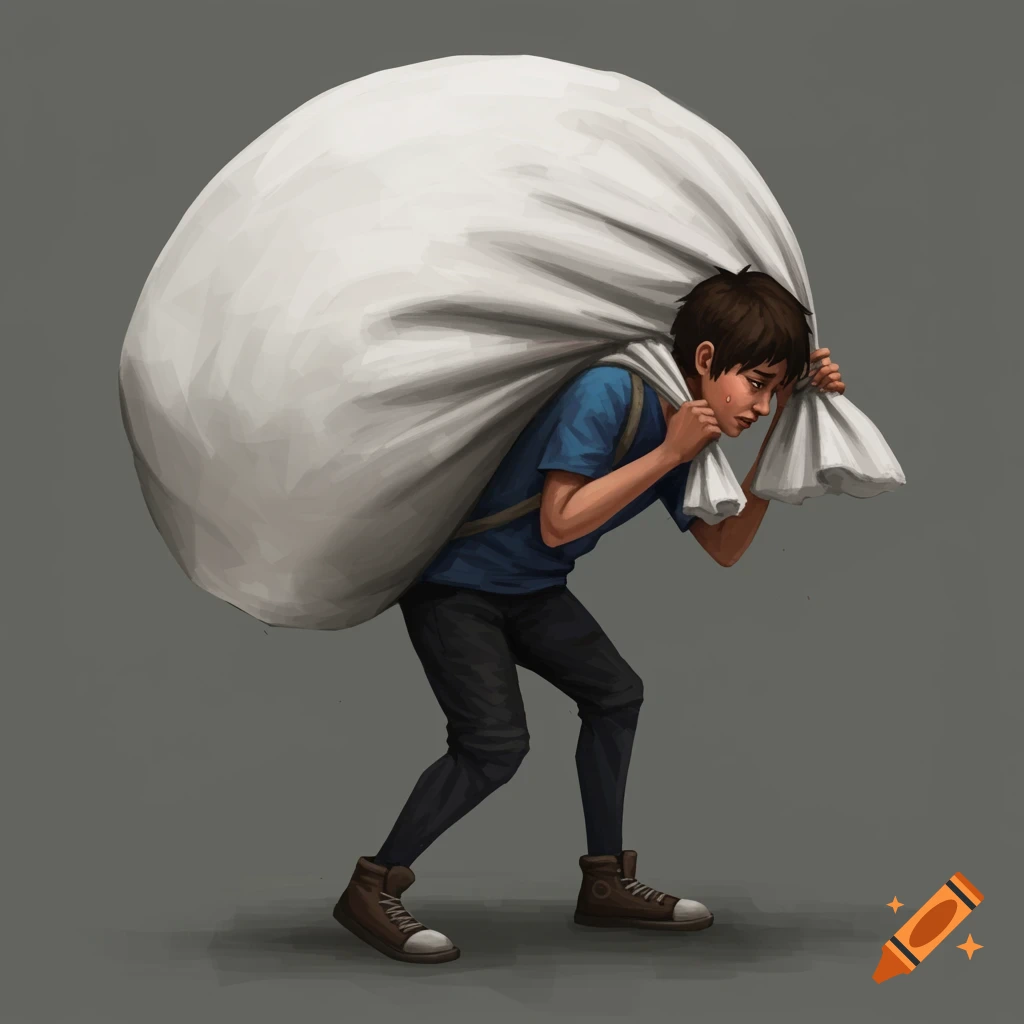 A young person struggles to carry a very large, heavy white sack on their back.
