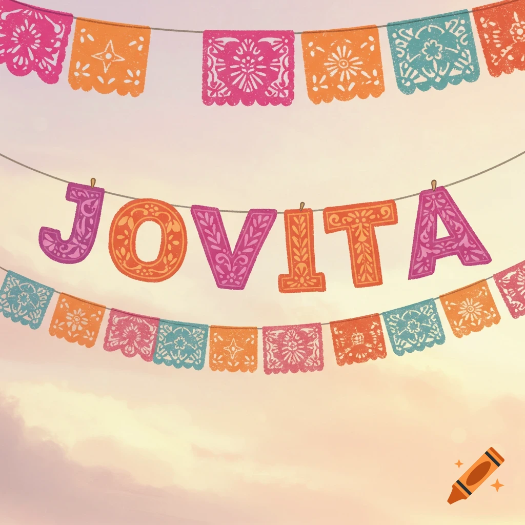 Colorful papel picado banners spelling JOVITA against a cloudy sunset sky
