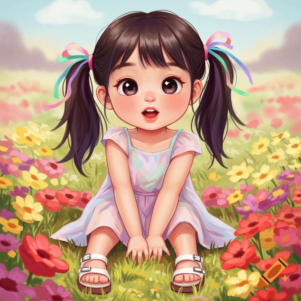 A young girl with pigtails and colorful ribbons sits in a field of vibrant flowers, illustration style.
