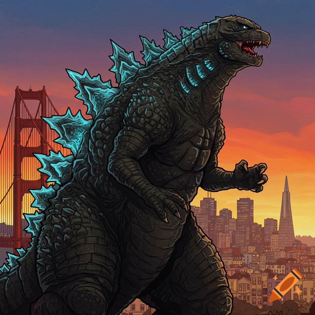 Godzilla towers over the San Francisco skyline at sunset.