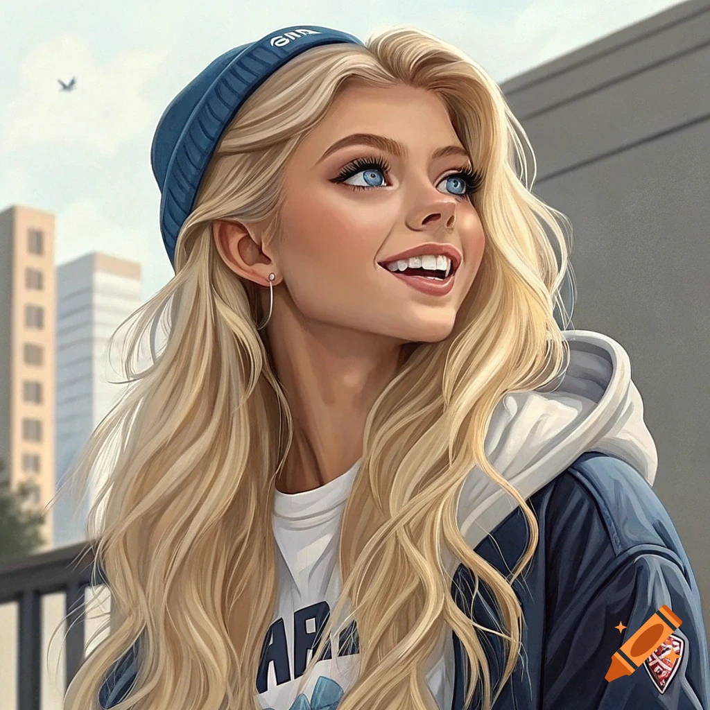 Digital art portrait of a young woman with blonde hair and blue eyes smiling outdoors wearing a beanie and hoodie