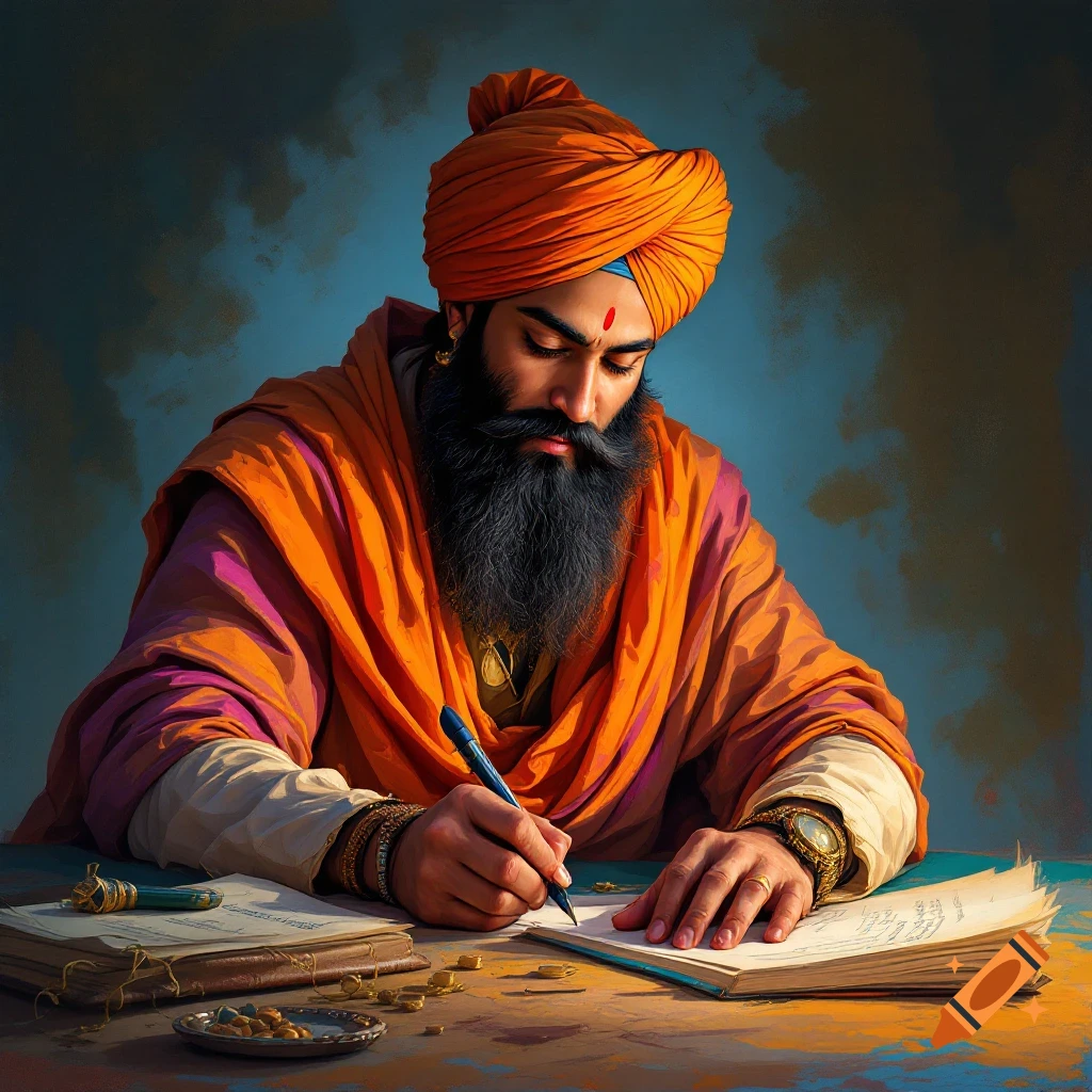 A man in an orange turban and robe writes in a book at a desk.