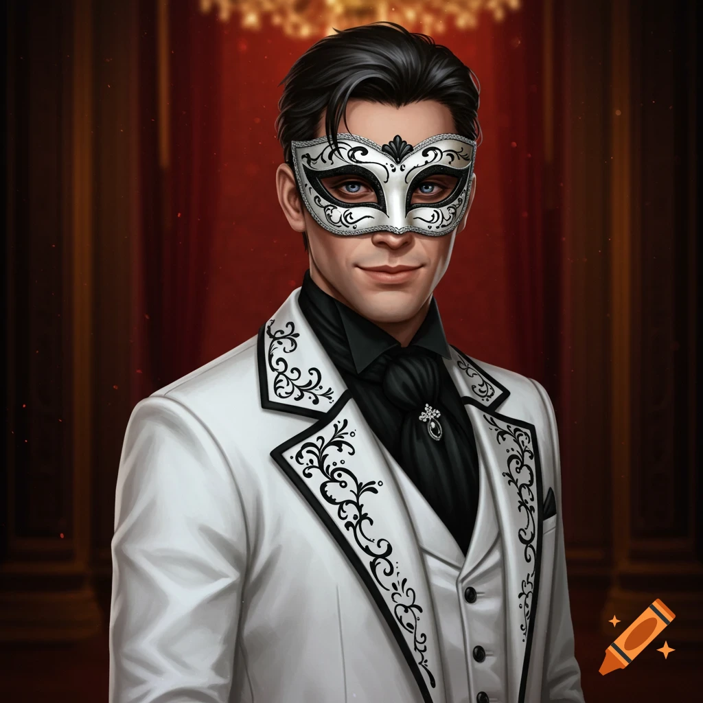 A man in a white suit and masquerade mask
