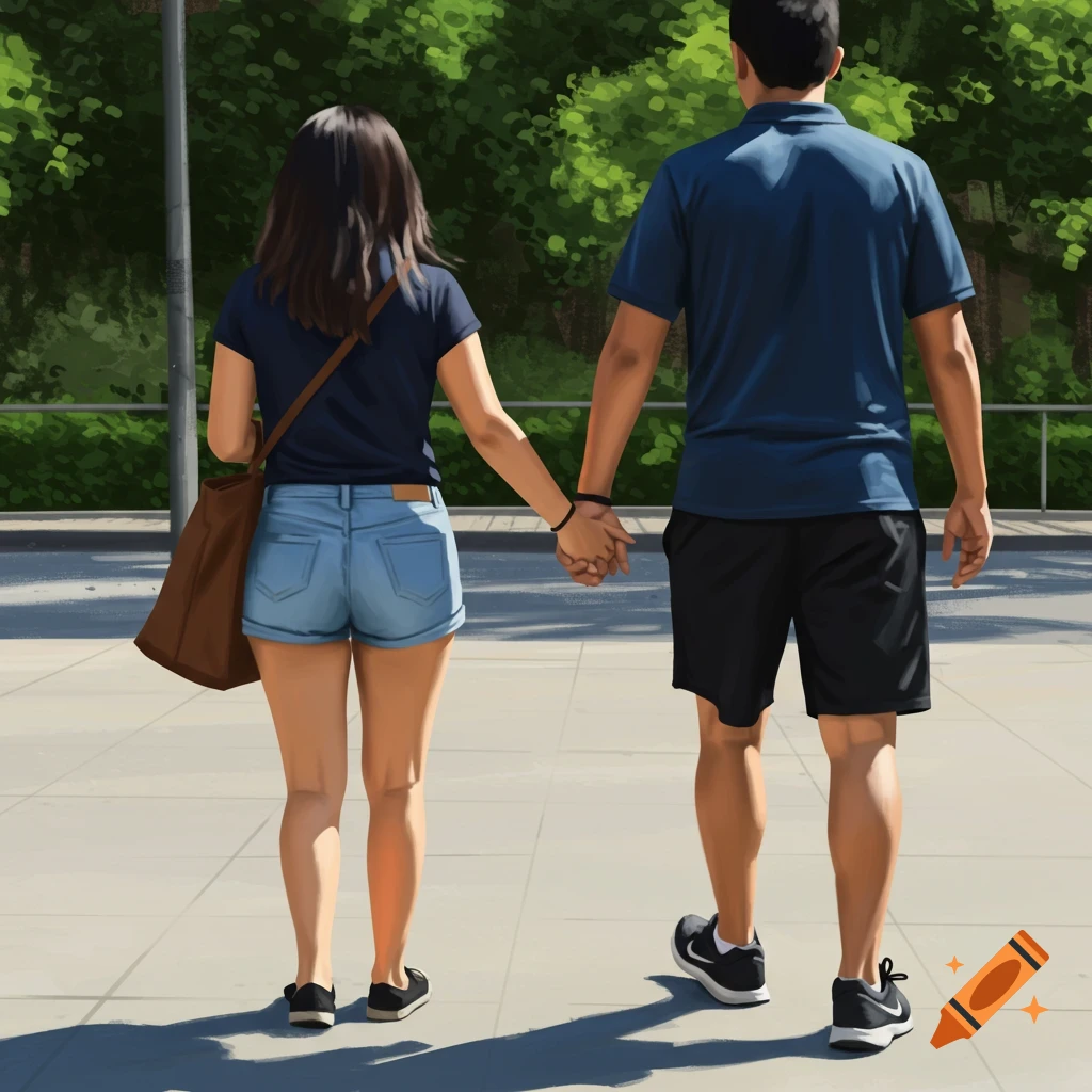 A couple holding hands and walking away on a sidewalk.