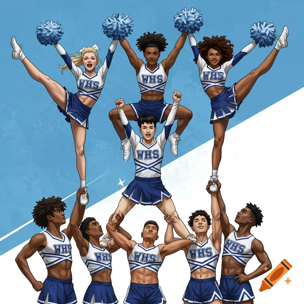A diverse group of cheerleaders performing a large pyramid stunt.