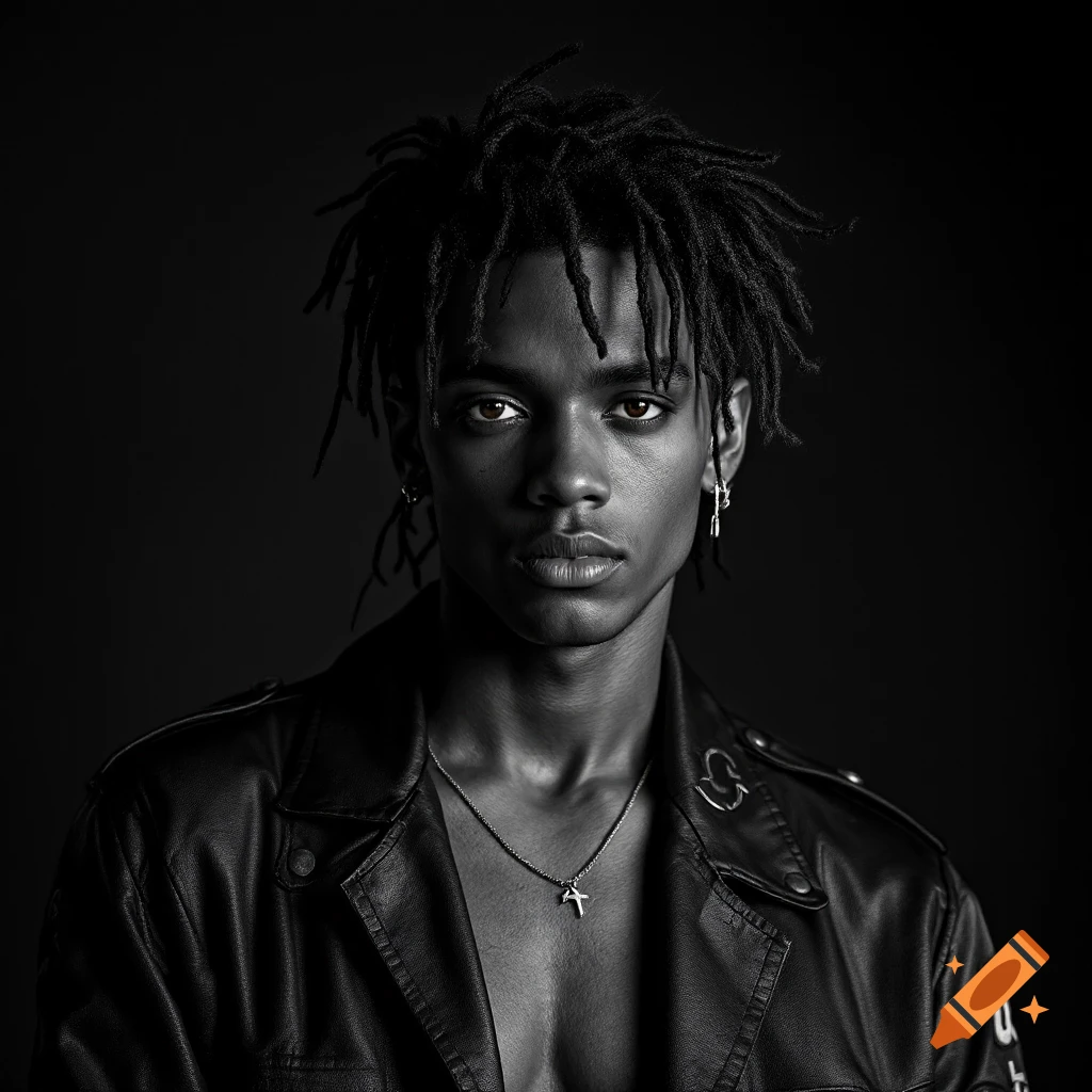 Black and white studio portrait of a man with dreadlocks wearing a leather jacket and necklace.