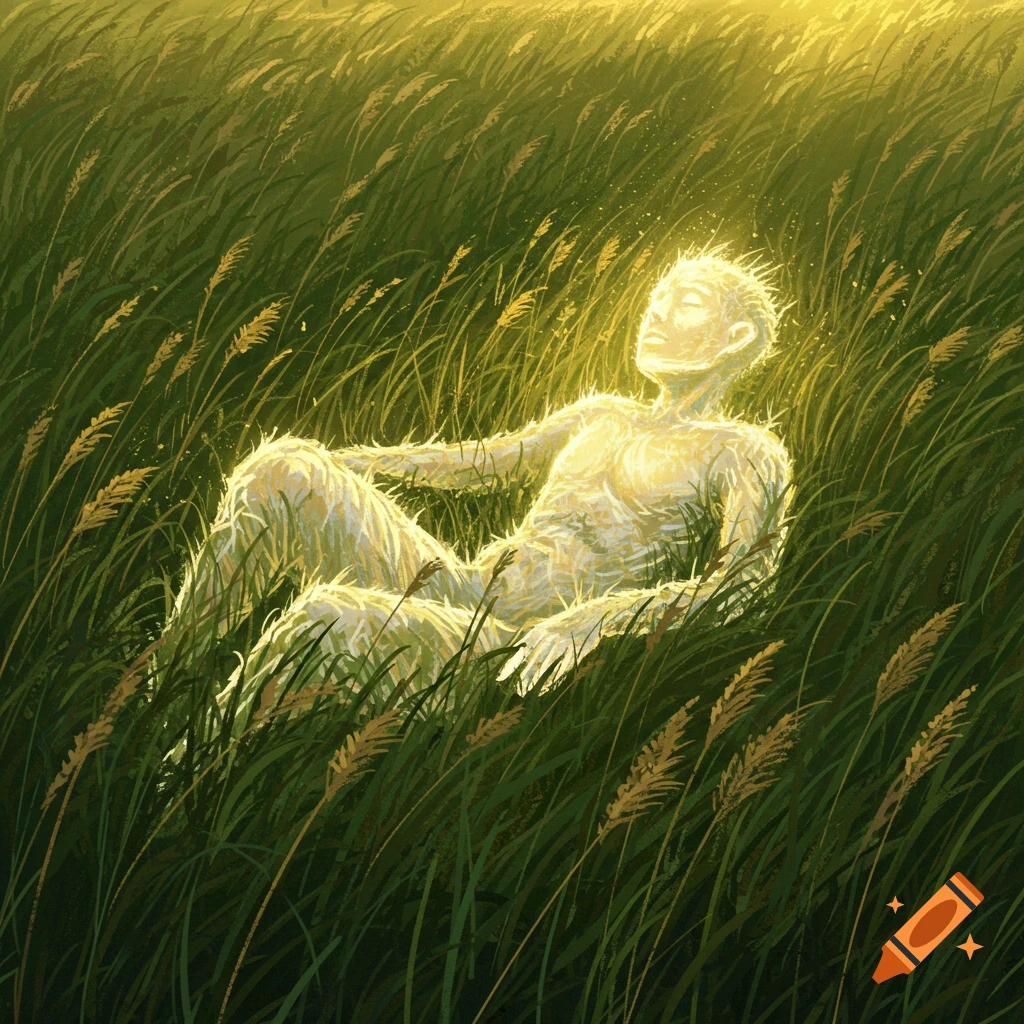A luminous being lying in tall grass, bathed in light.