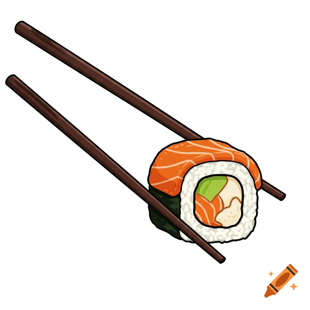 Chopsticks holding a sushi roll illustration