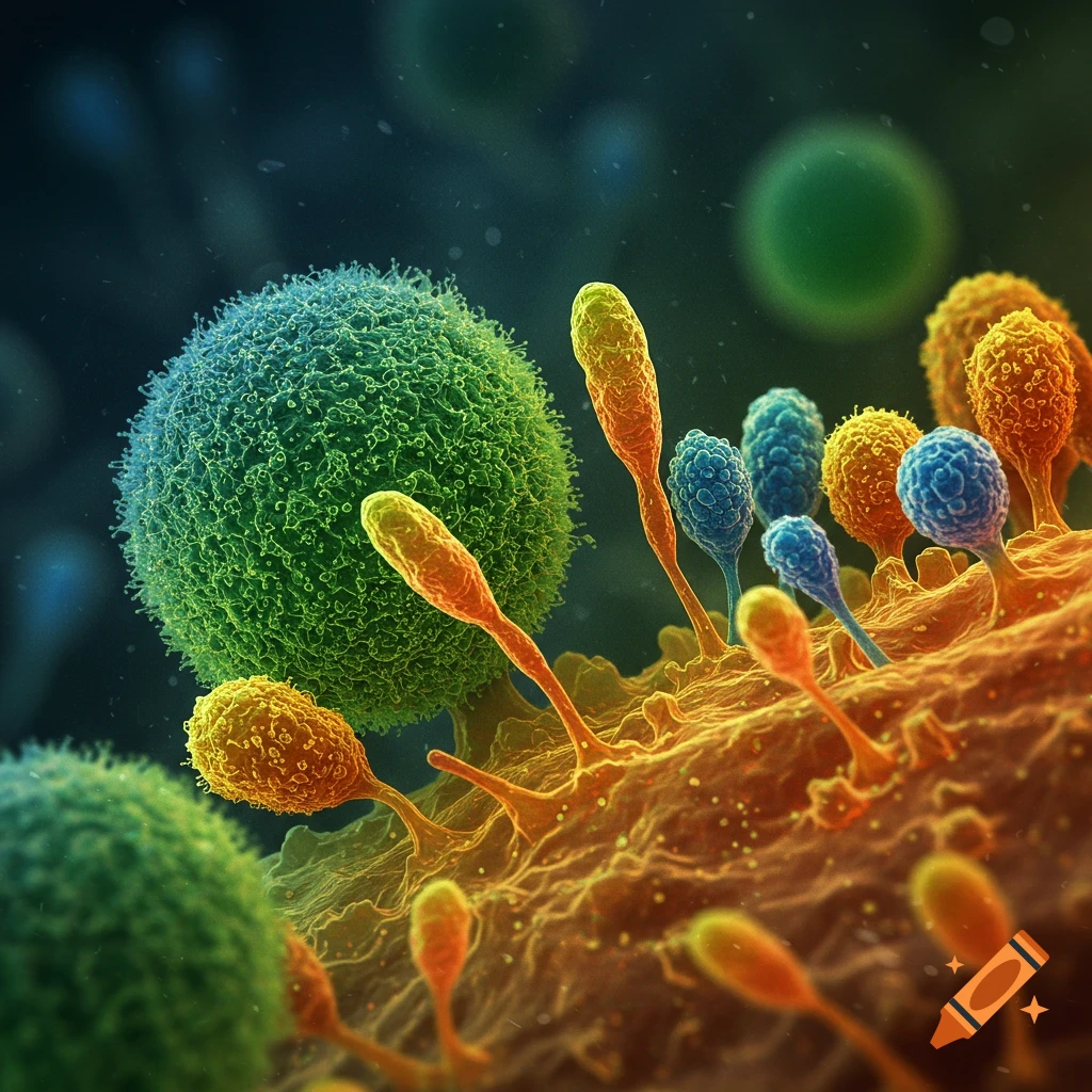 Close-up of microscopic mold spores and cells.