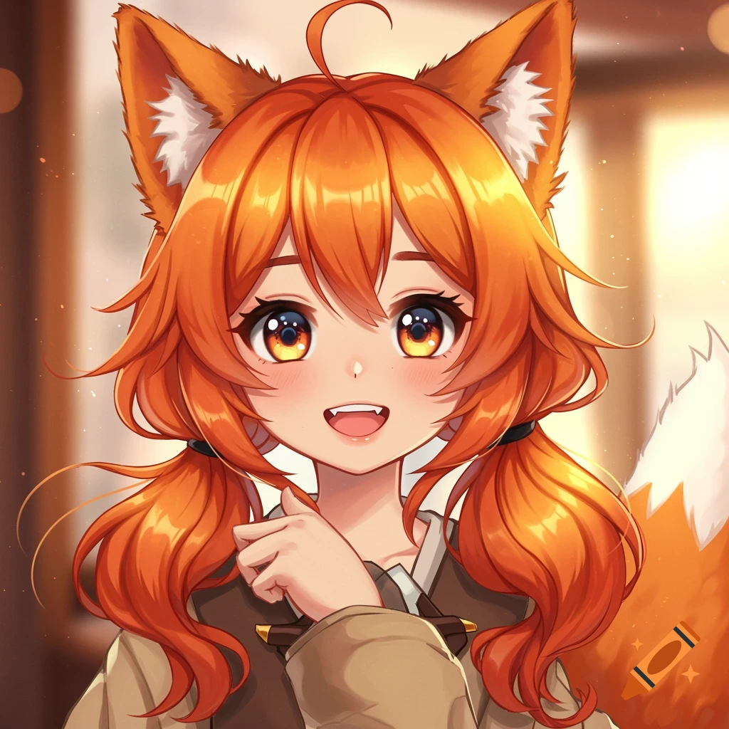 An anime portrait of a smiling girl with orange fox ears and hair, in a warm setting.