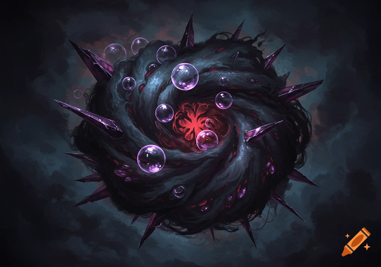 A dark swirling mass with purple spikes, bubbles, and a red center