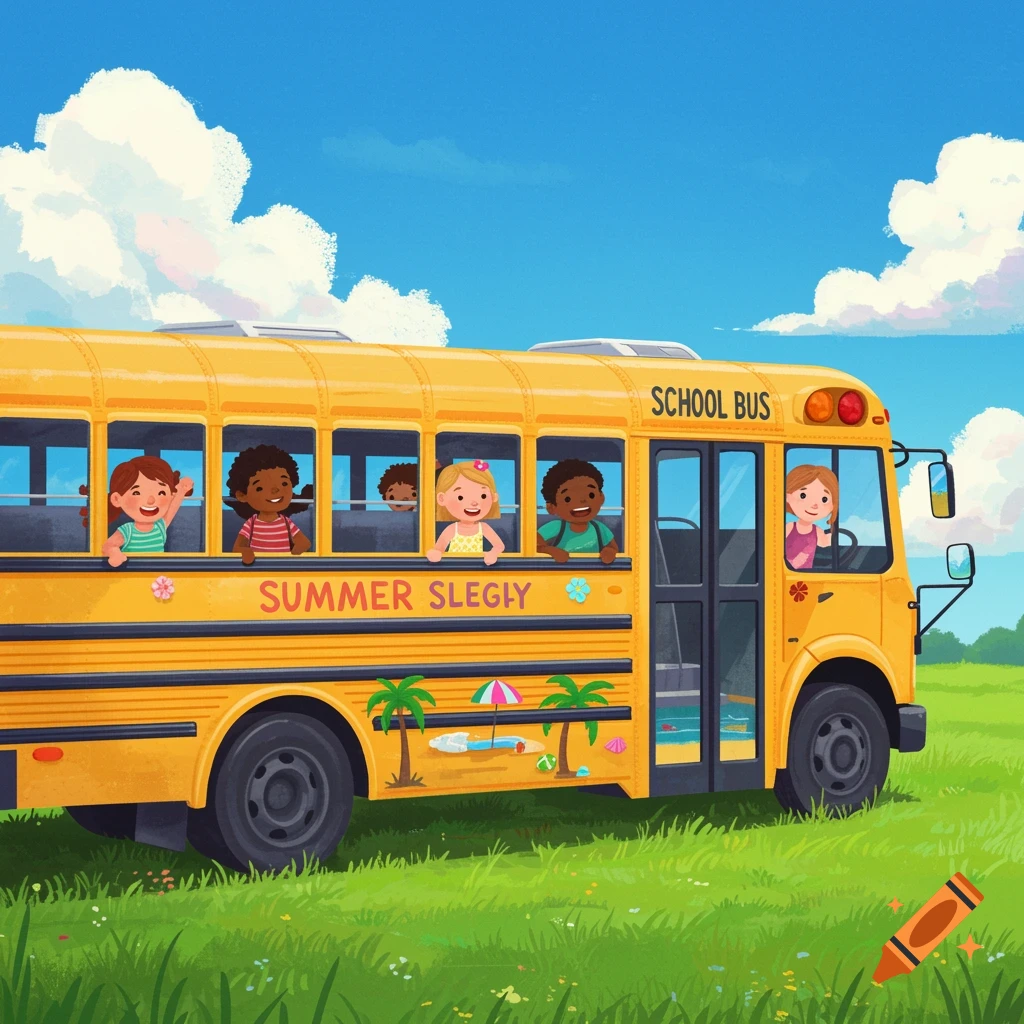 A yellow school bus with children waving from windows in a field under a blue sky.