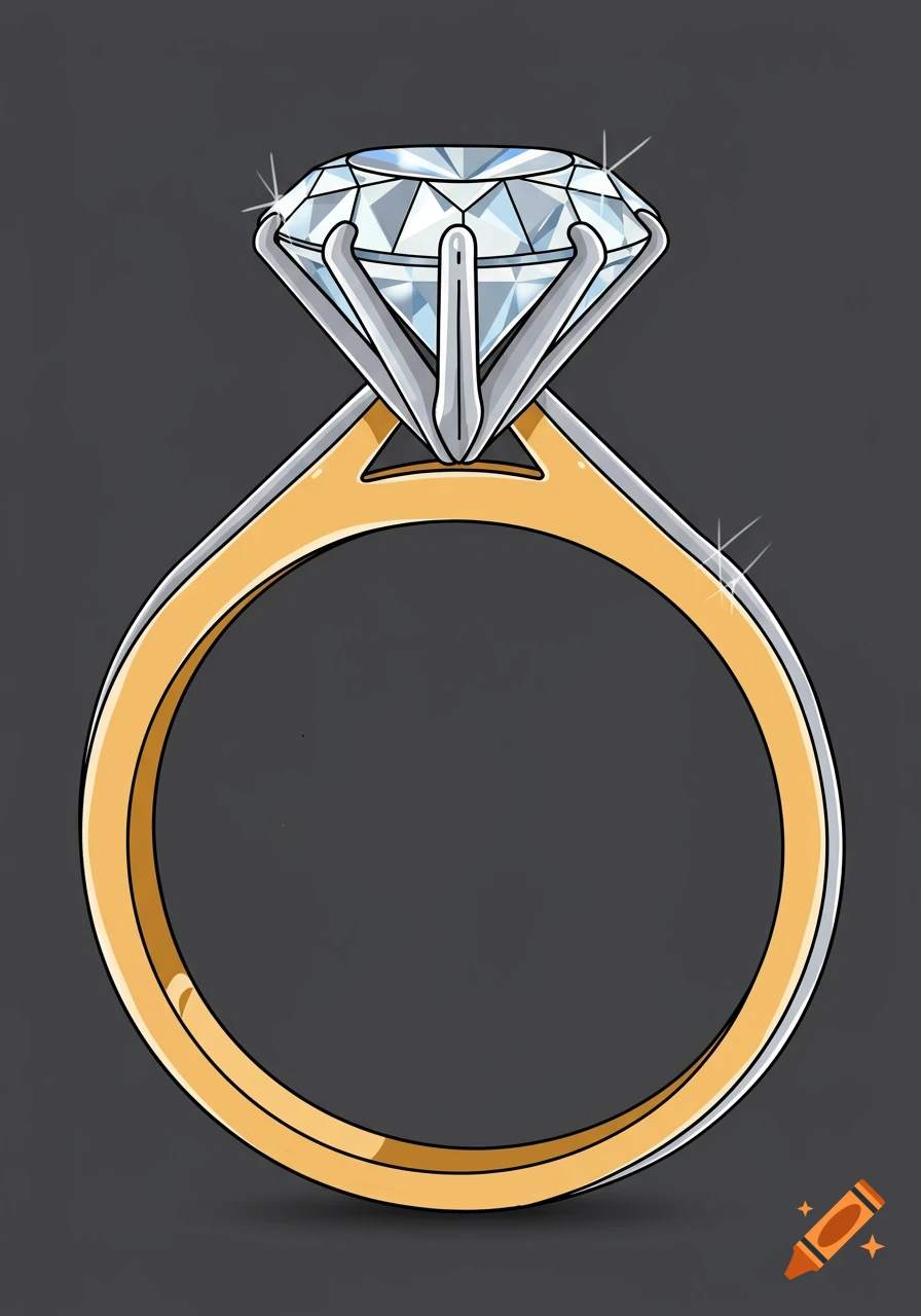 A vector illustration of a diamond engagement ring with a large solitaire diamond on a gold band.