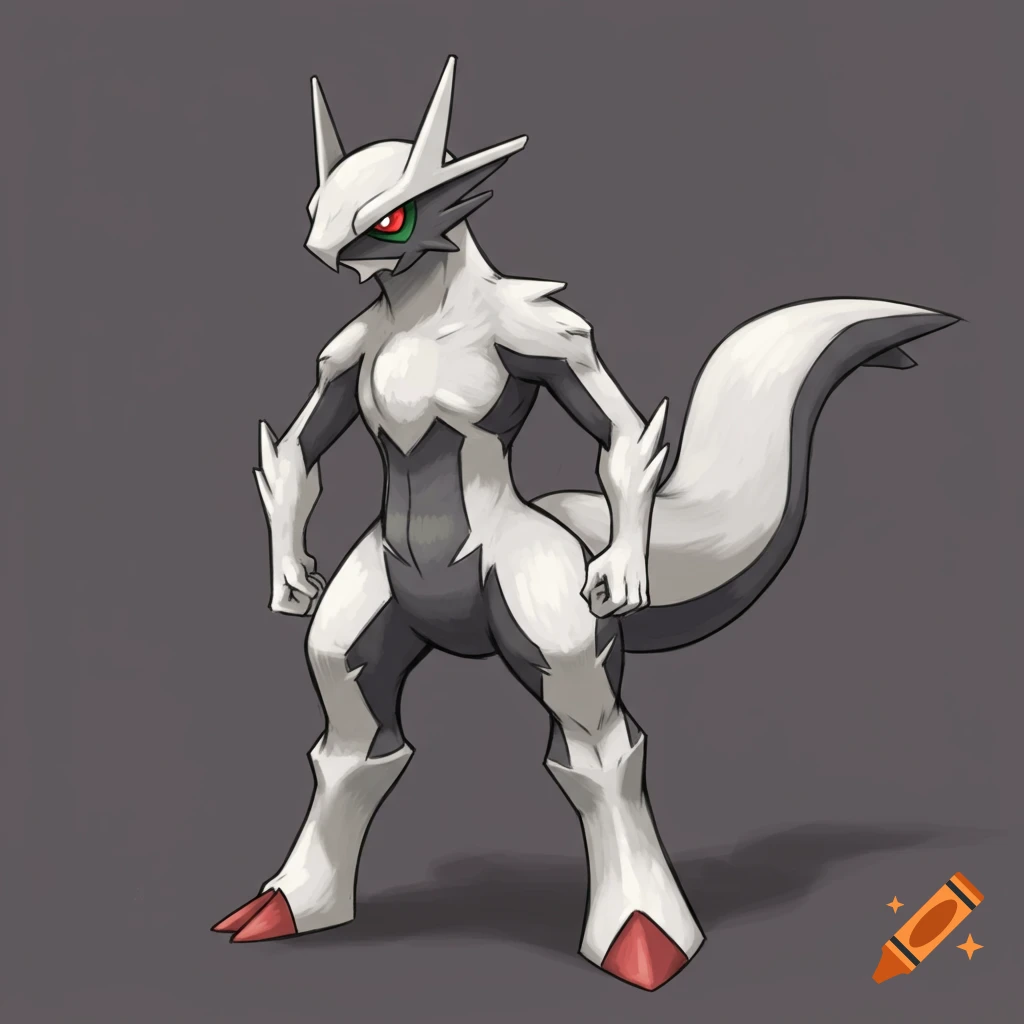 Illustration of a white and black creature with red accents and a large tail, standing in a dynamic pose.
