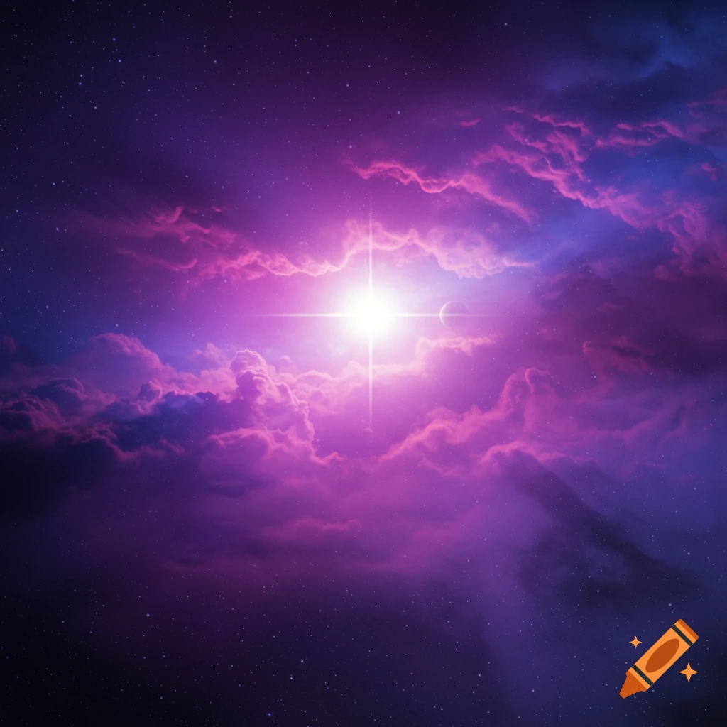 A bright star shines through purple and pink nebulae and stars in space, with a crescent moon visible.