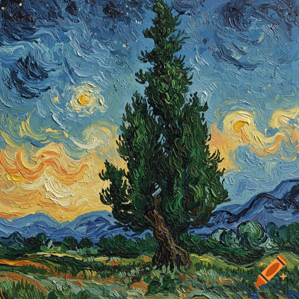 A painting in the style of Vincent van Gogh, showing a large cypress tree in a landscape with a swirling sky and sun.